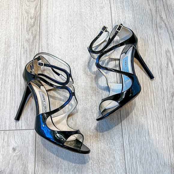 Jimmy Choo Shoes - Jimmy Choo Black Lang 100mm Patent Strappy Cage Sandal Heel 37
